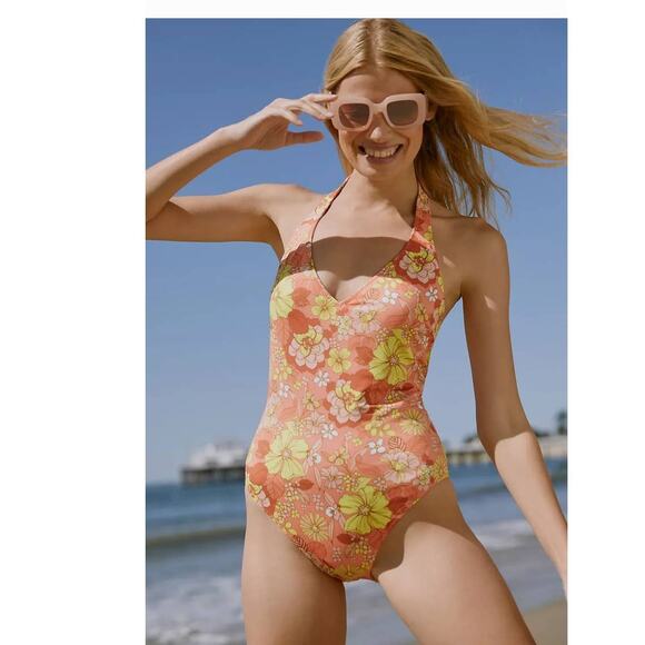New Anthropologie Sanctuary Reversible Halter One-Piece Swimsuit $125 Floral S - Picture 1 of 3